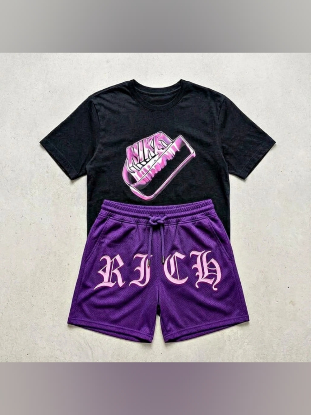 NWT Nike T-Shirt & Rebel Minds Purple "RICH" Shorts 2-Piece Set - Men's Medium
